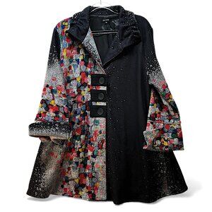 Damee Coat Abstract Painting 3 Button Half Black Half Multi XL Pockets Jacket